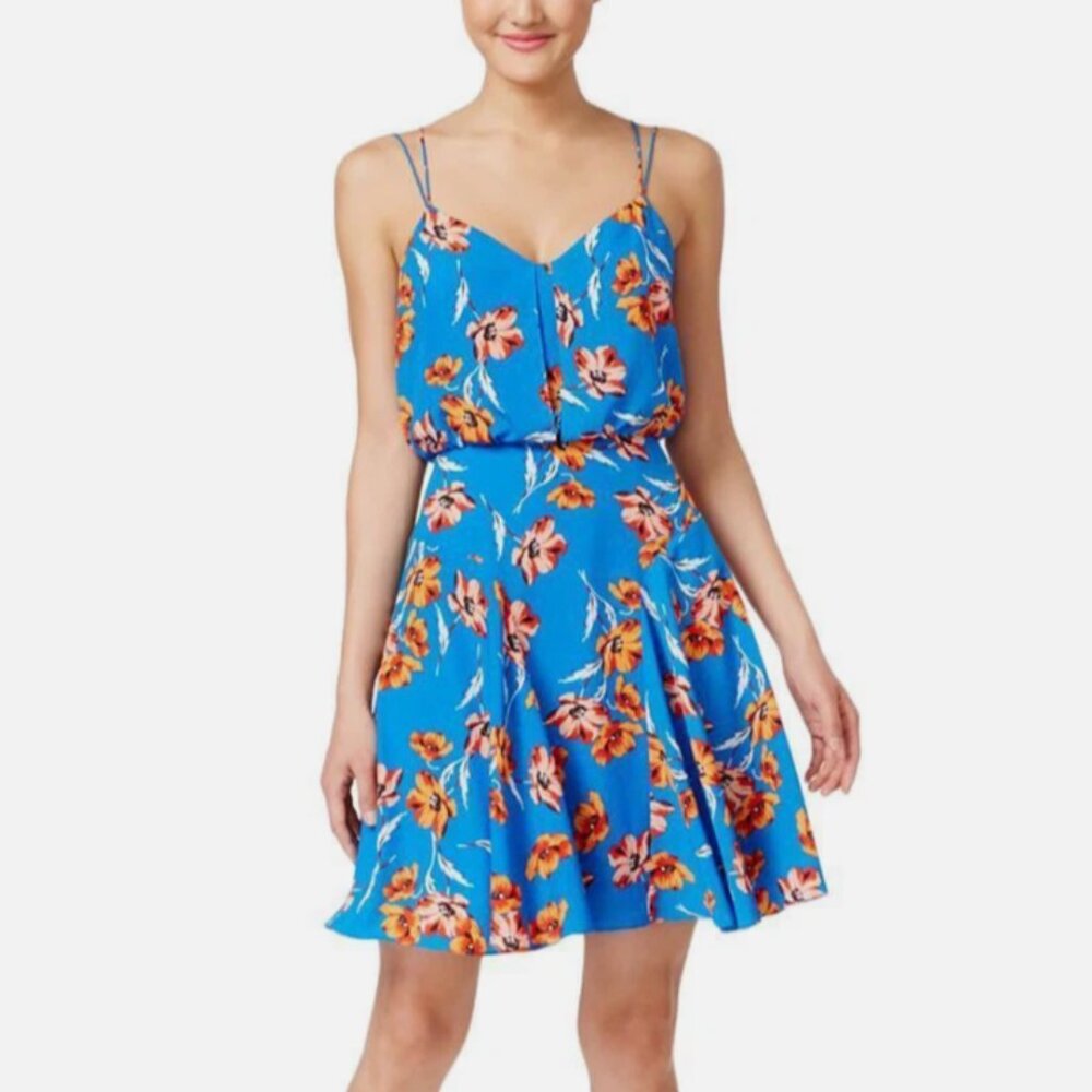 Cece Women Blue Lotus Floral Blouson Fit Flare Party Mini Dress Wedding Guest 10